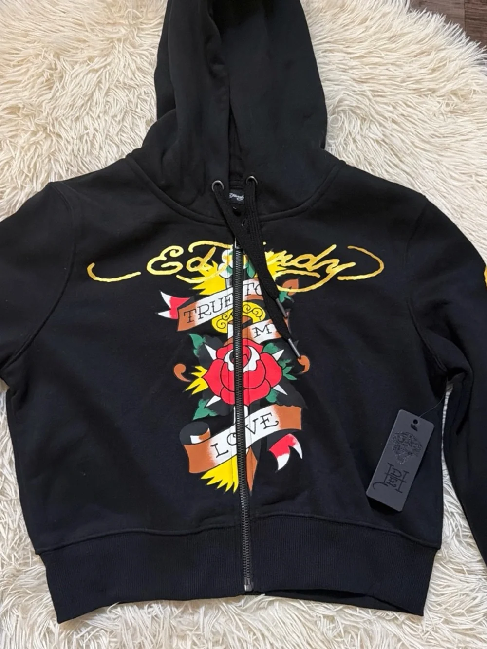 Ed Hardy Black Zip-Up Hoodie with Colorful Tattoo Rose Graphic